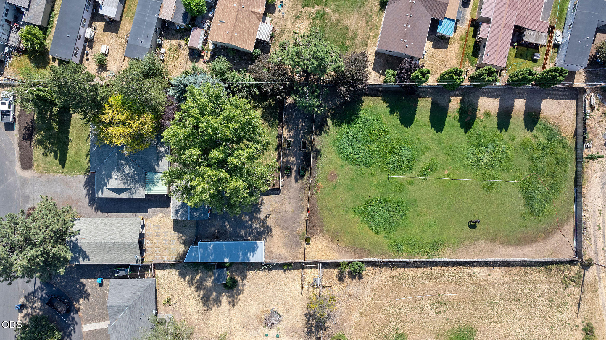 Aerial view of a fenced grassy yard with mature trees and neighboring homes.