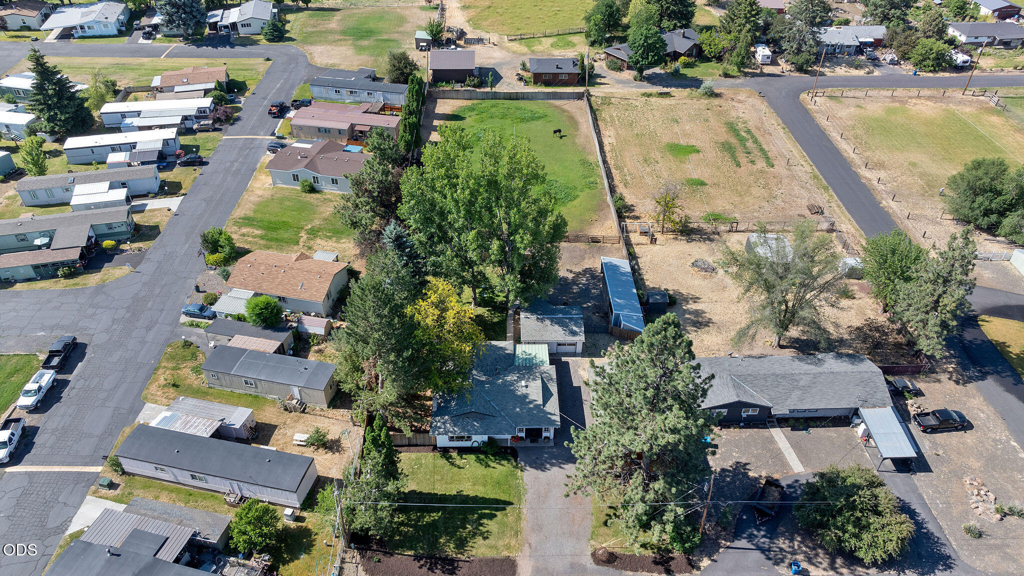 Aerial view of a residential neighborhood, with a fenced green paddock and horse beside a dry open lot.