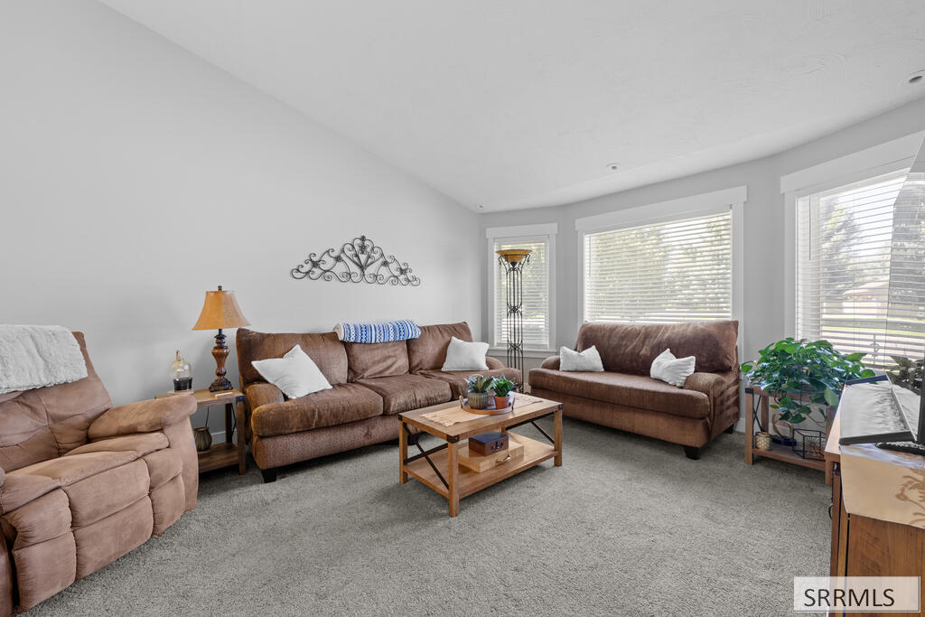 Living room with brown seating, gray carpet, and large windows with blinds.