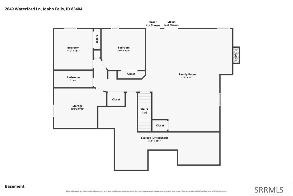 Basement floor plan for 2649 Waterford Lane, showing bedrooms, family room, bathroom, fireplace, and storage.