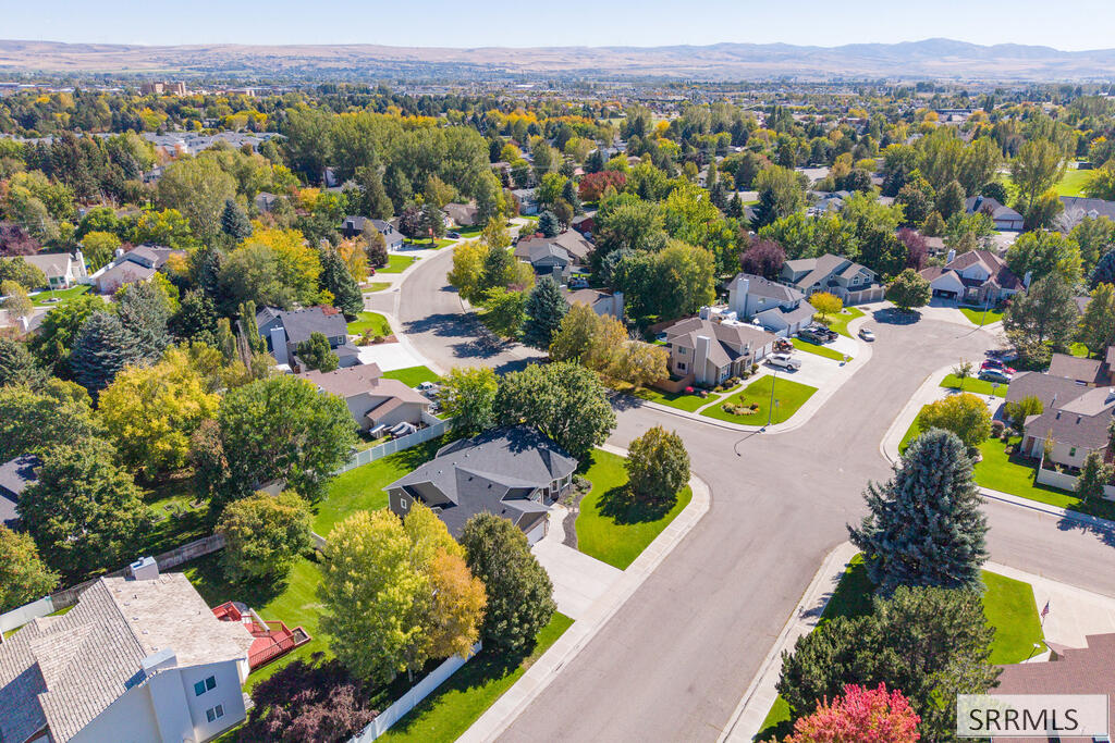 Aerial view of a leafy residential neighborhood with curving streets and distant mountains.