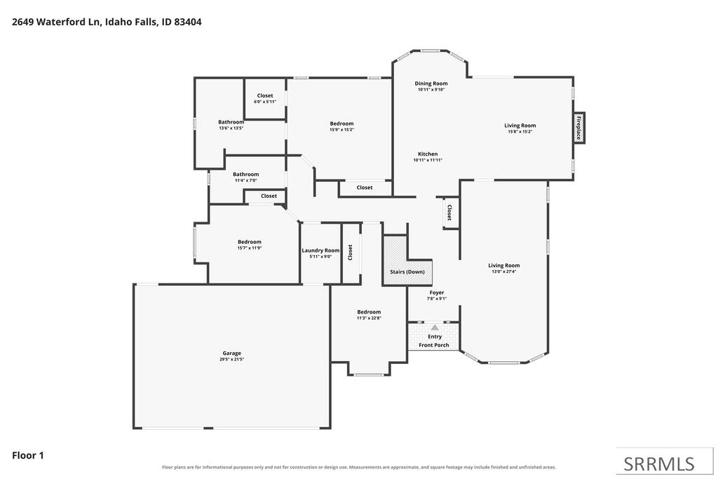First-floor plan with three bedrooms, two living rooms, a garage, and a front porch.