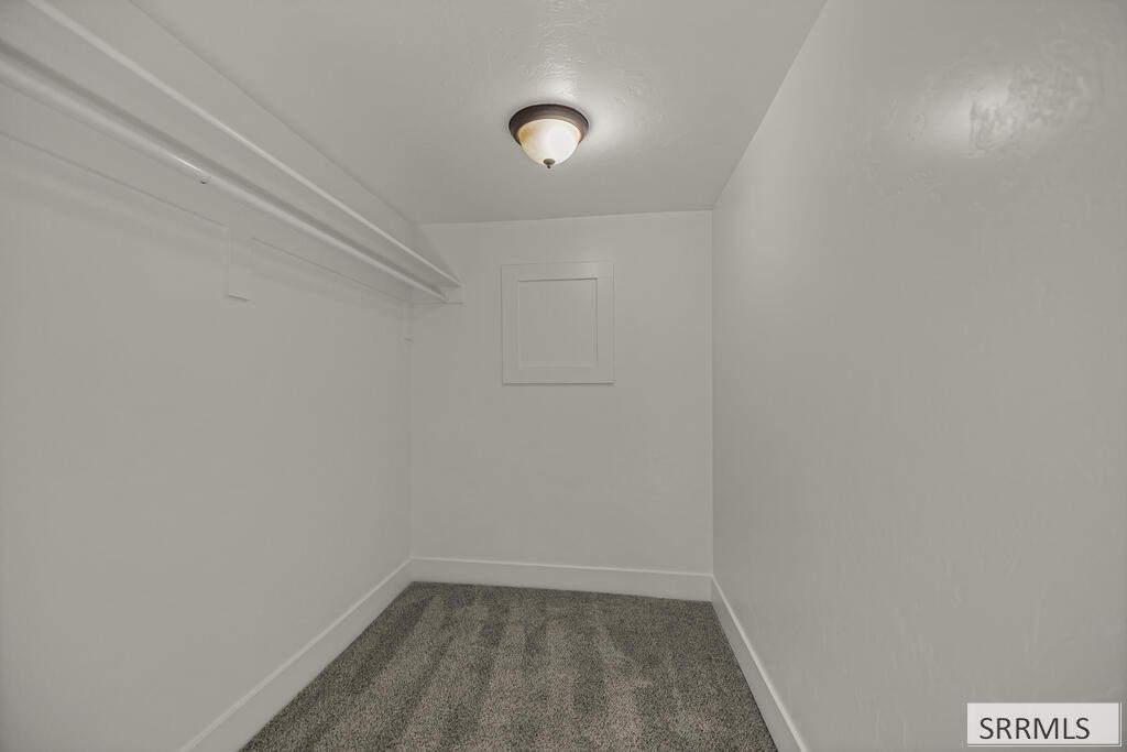 Empty walk-in closet with gray carpet, a clothes rod and shelf, and a ceiling light.