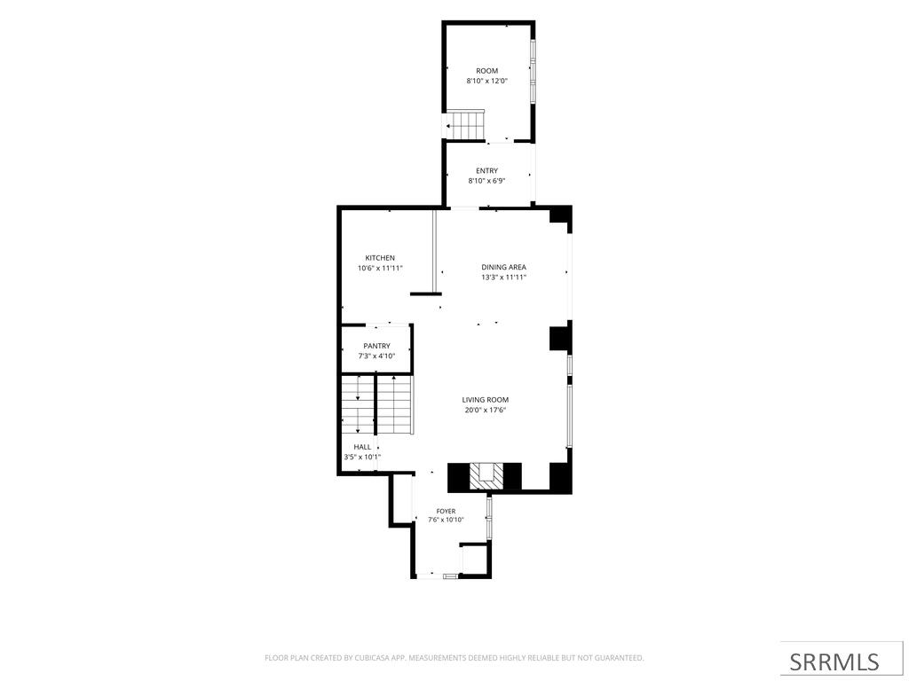 Floor plan showing the kitchen, dining area, living room, pantry, hall, foyer, entry, and room dimensions.