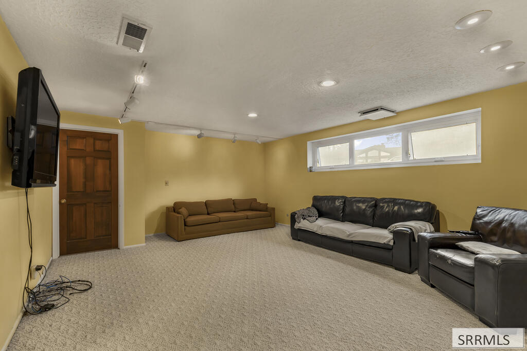 Basement living room with brown and black sofas, beige carpet, and a wall-mounted television.