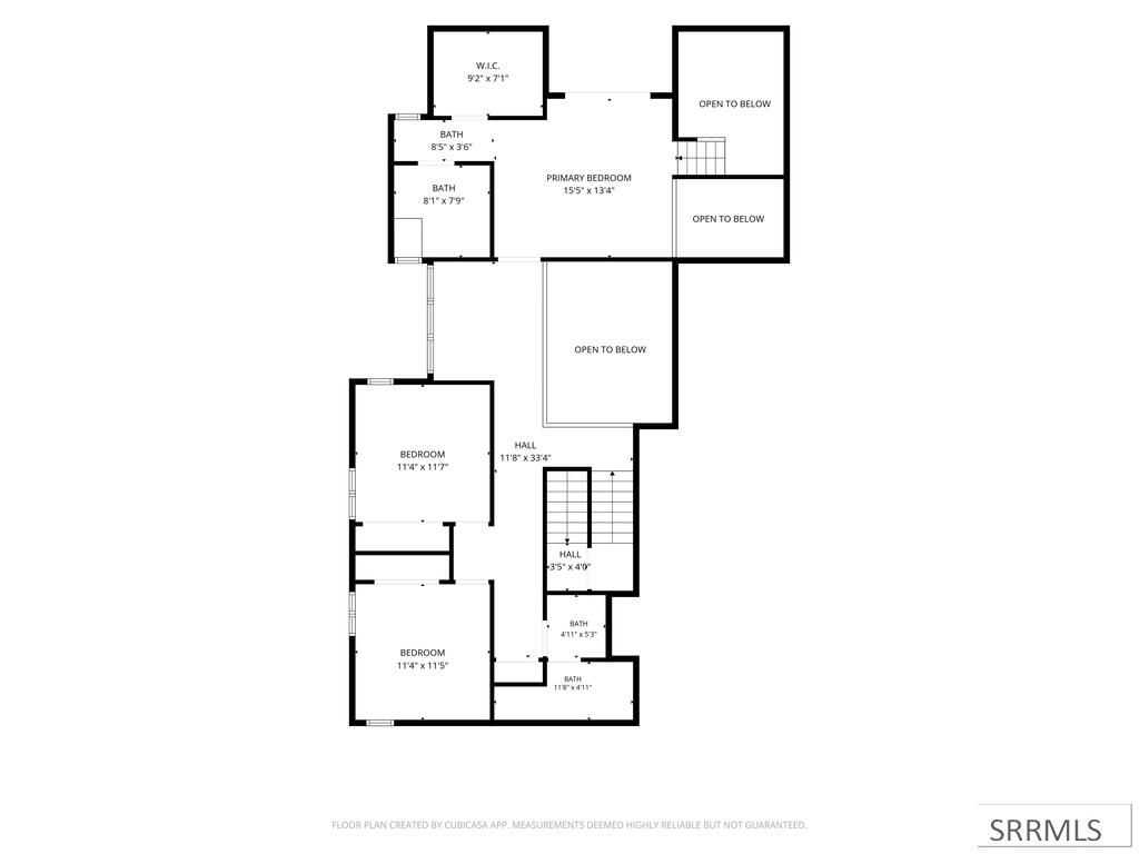 Upper-level floor plan with three bedrooms, bathrooms, halls, stairs, and open-to-below areas.