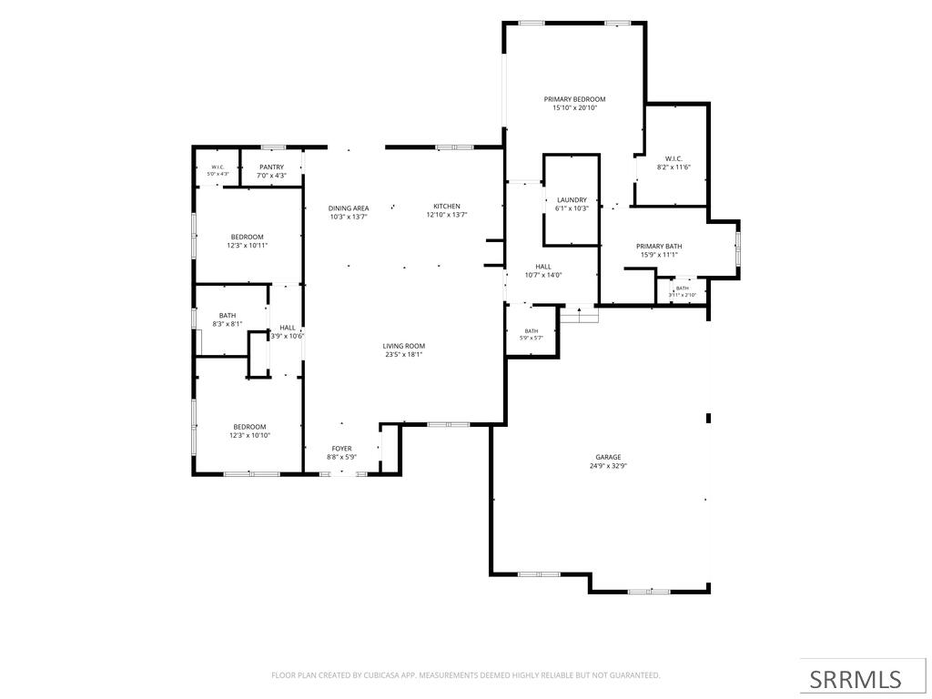 Home floor plan with labeled rooms, measurements, and a large attached garage.