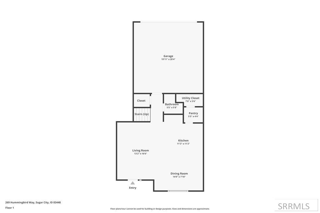 First-floor plan with a large garage, central living area, kitchen, dining room, and entry.
