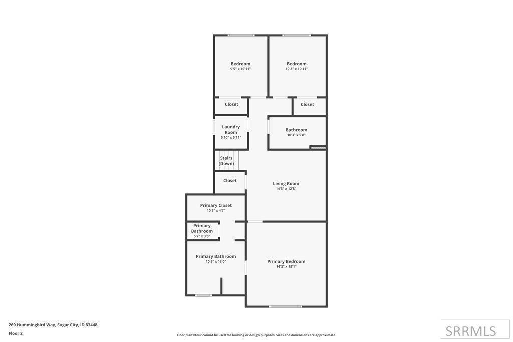 Second-floor plan with two bedrooms, living room, laundry, bathroom, and primary suite.