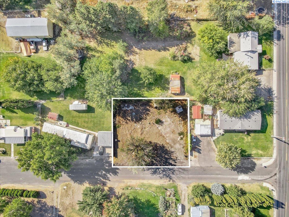 Vacant residential lot outlined in white, with mature trees and neighboring homes.