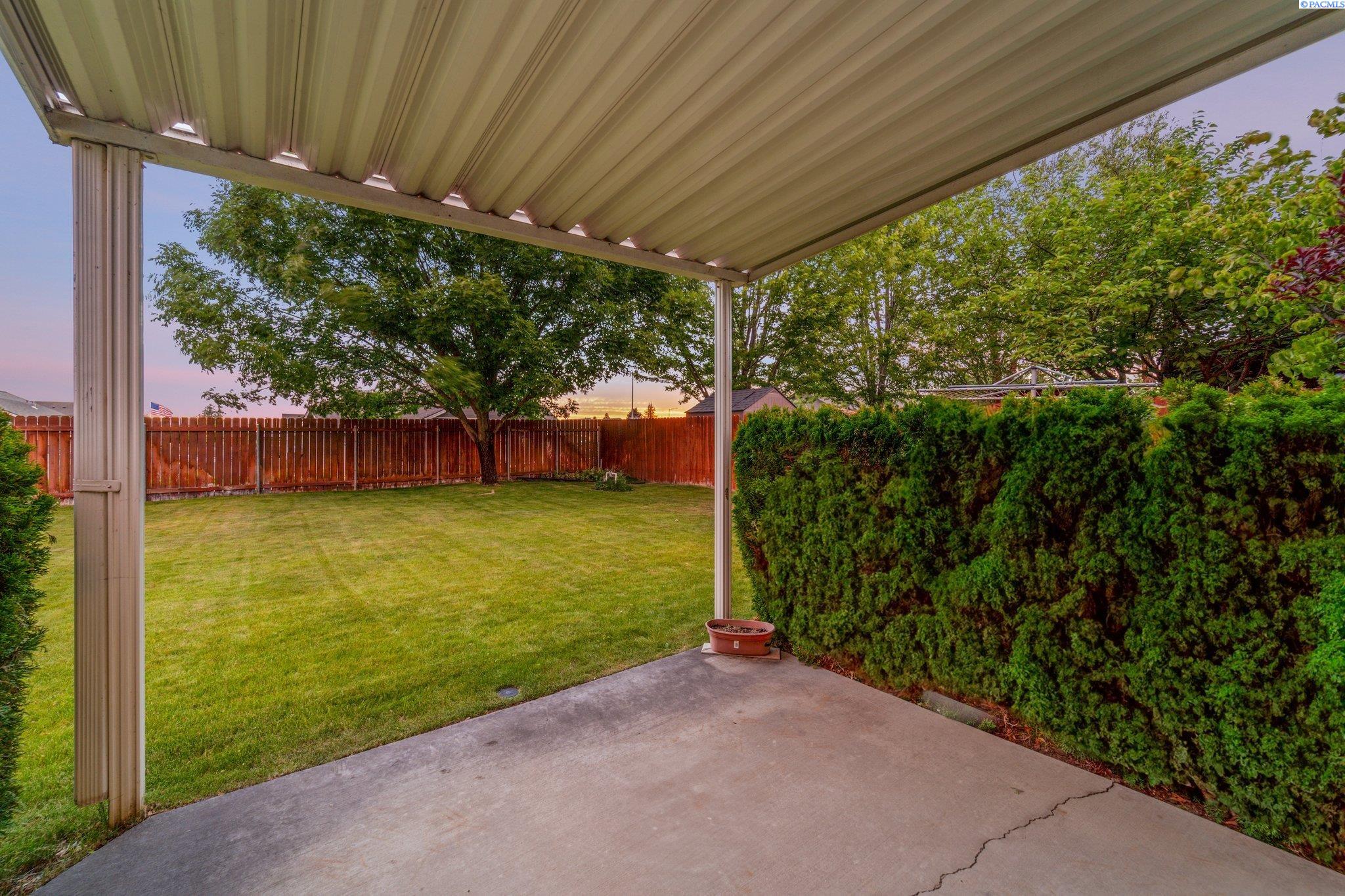 Covered patio overlooking a fenced lawn, mature trees, and a tall evergreen hedge at sunset.