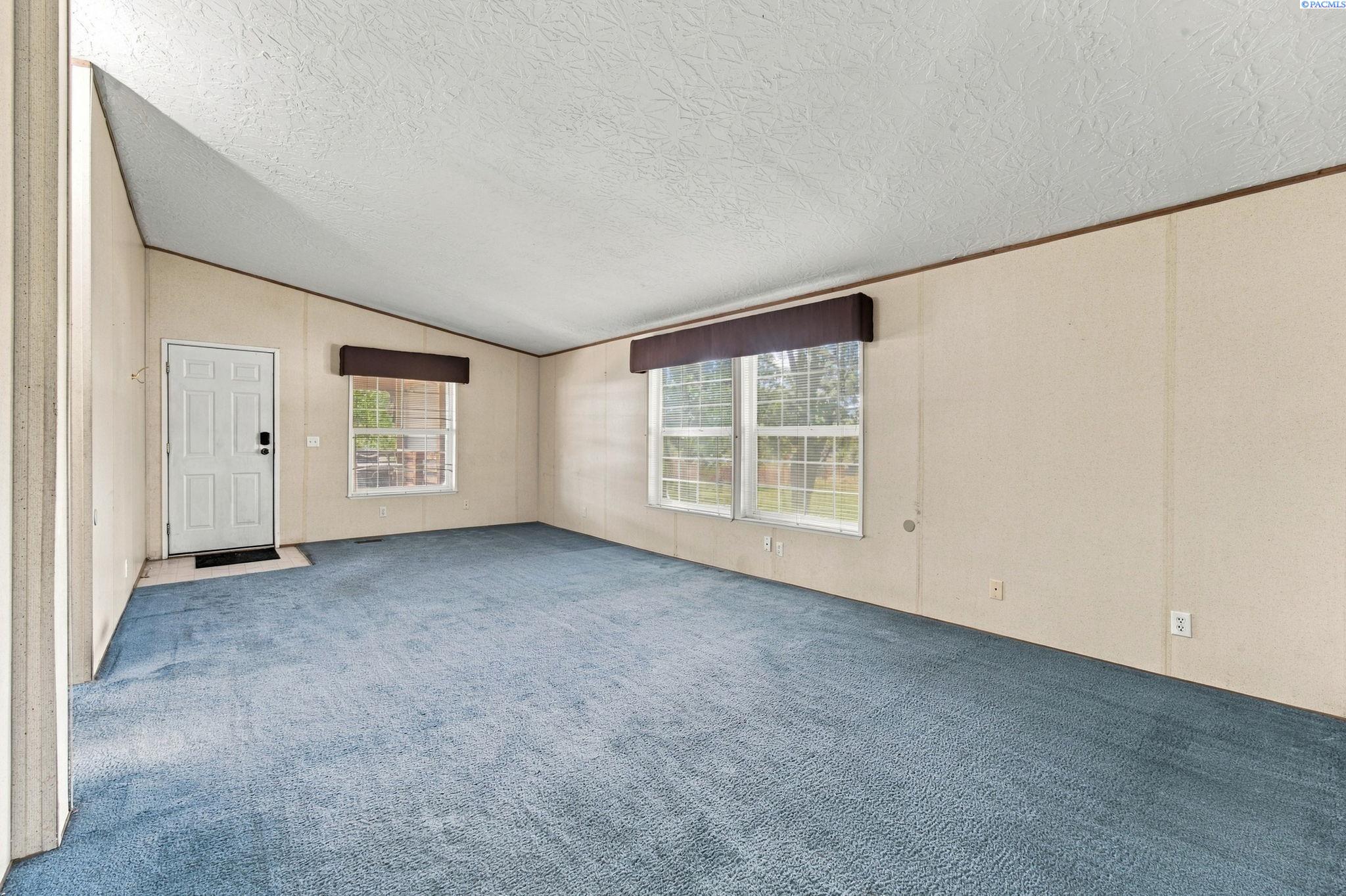 Empty living room with blue carpet, beige walls, and two windows.