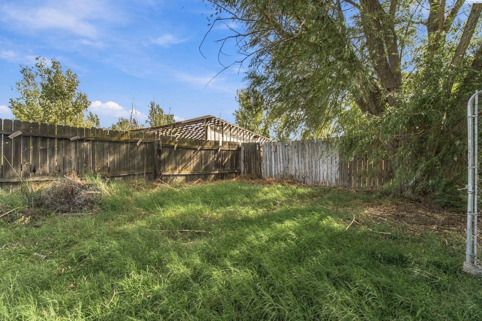 Grassy backyard with a weathered wooden fence, mature trees, and a pergola beyond.