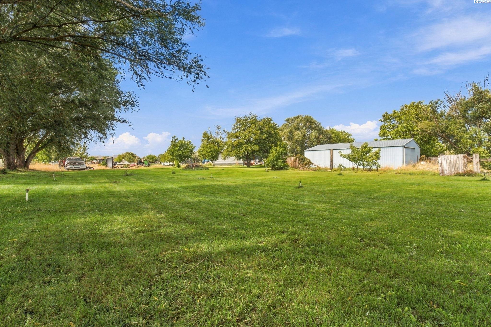 Expansive green yard with mature trees, a metal outbuilding, and fencing.