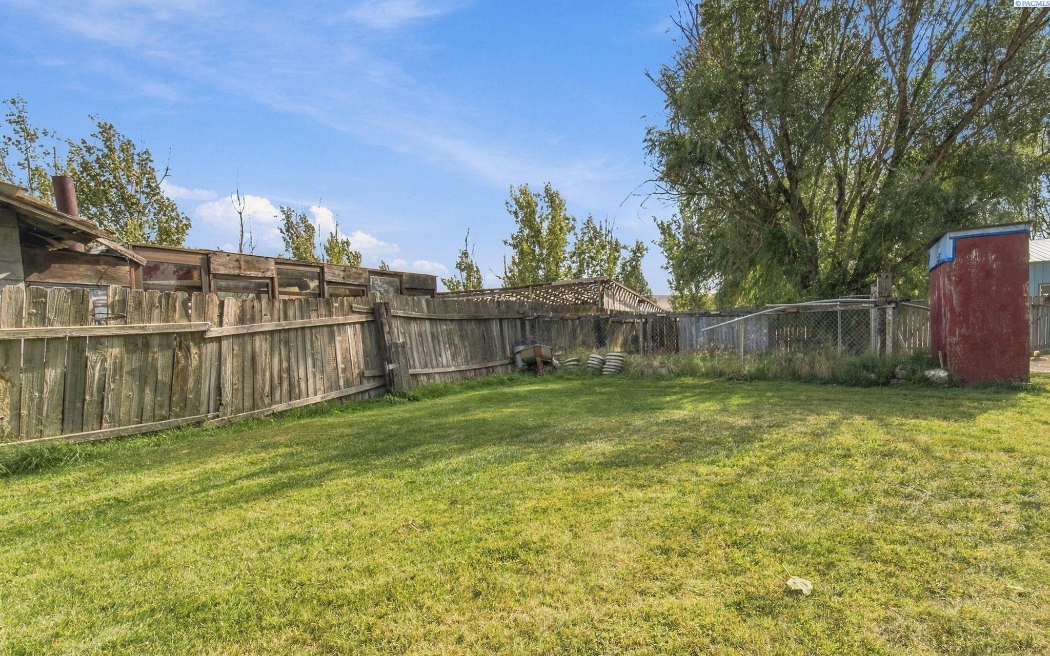 Grassy backyard with weathered fencing, a wooden pergola, mature trees, and a red shed.