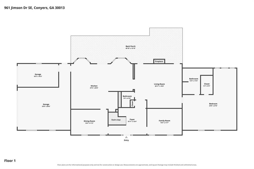First-floor plan with two garages, a back porch, open living areas, and one bedroom.