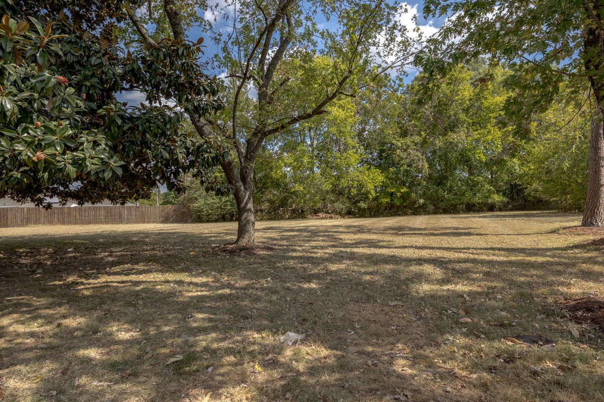 Shady backyard with mature trees, a wooden fence, and open lawn.