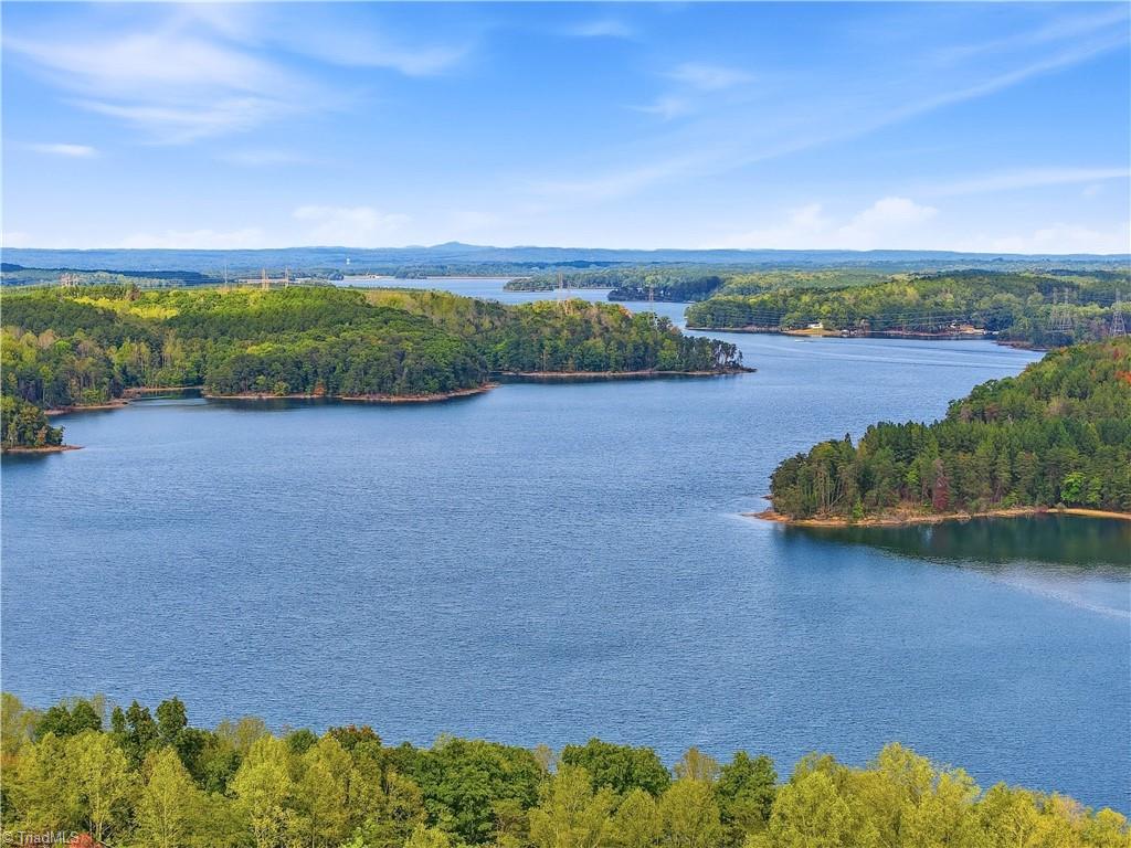 Aerial view of a lake winding between wooded shores beneath a bright blue sky.