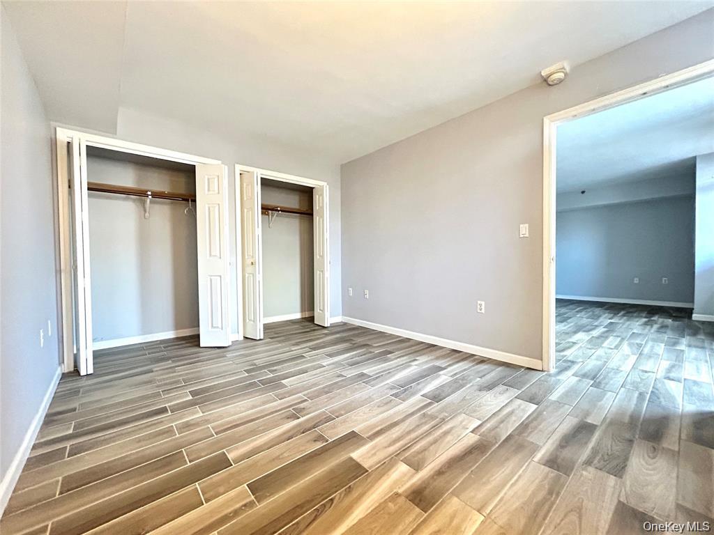 Empty bedroom with two open closets and wood-look tile flooring.