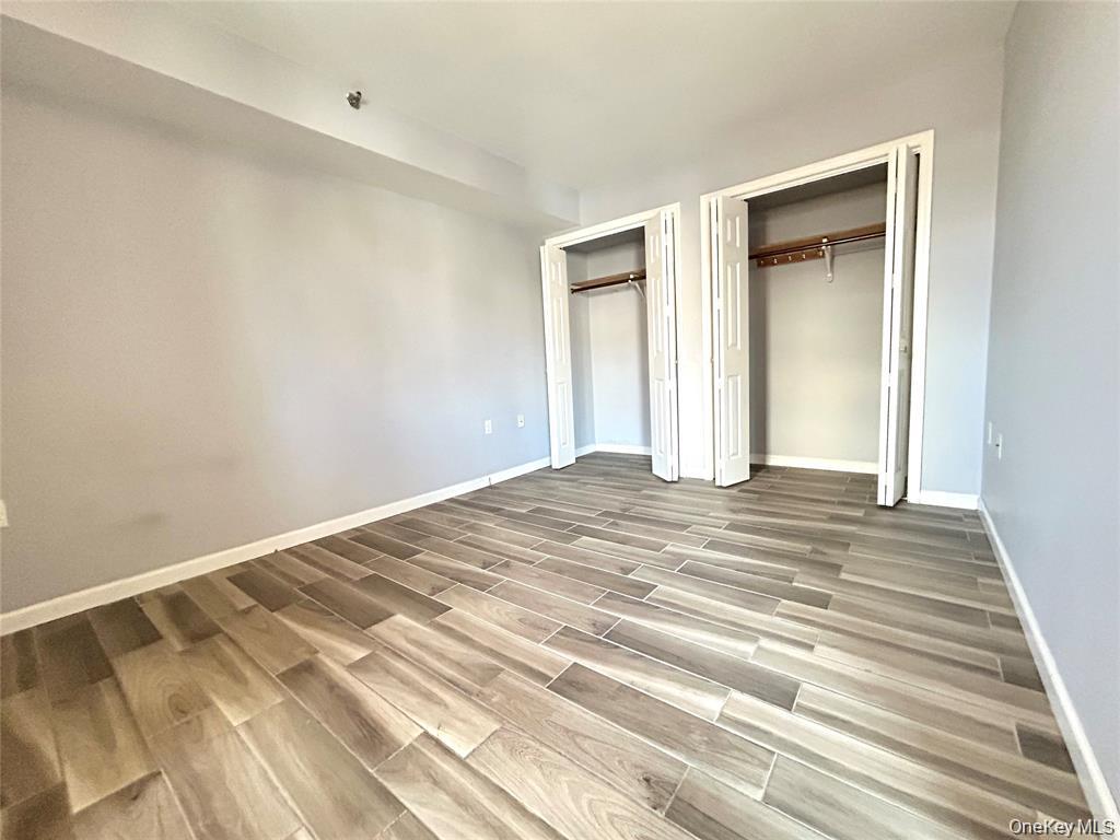 Empty bedroom with wood-look tile flooring and two open closets.