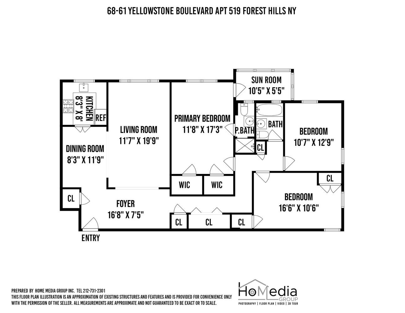 Floor plan of a three-bedroom apartment with a sun room, two baths, kitchen, dining room, and living room.
