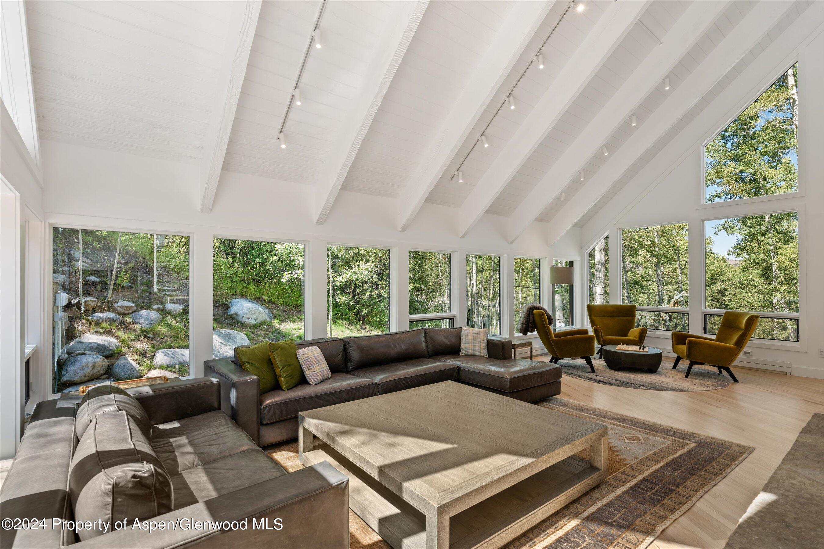 Bright living room with vaulted white-beam ceiling, expansive windows, and leather sectional.