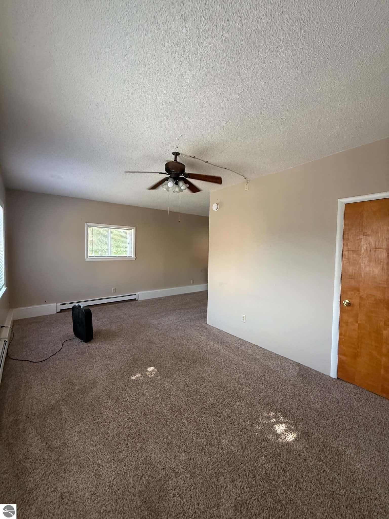 Empty carpeted room with a ceiling fan, two windows, and a wooden door.