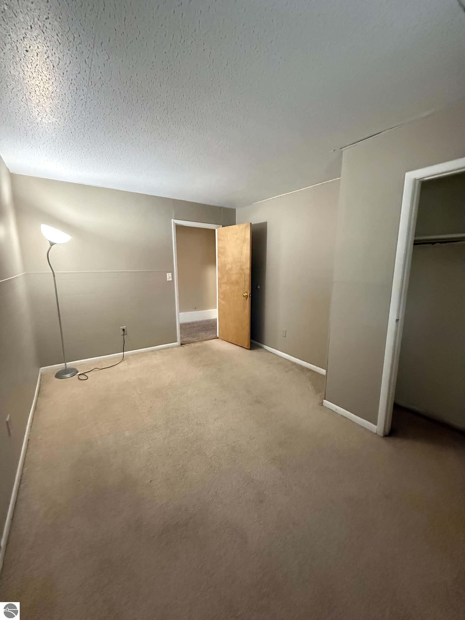 Empty carpeted room with beige walls, a floor lamp, and an open closet.