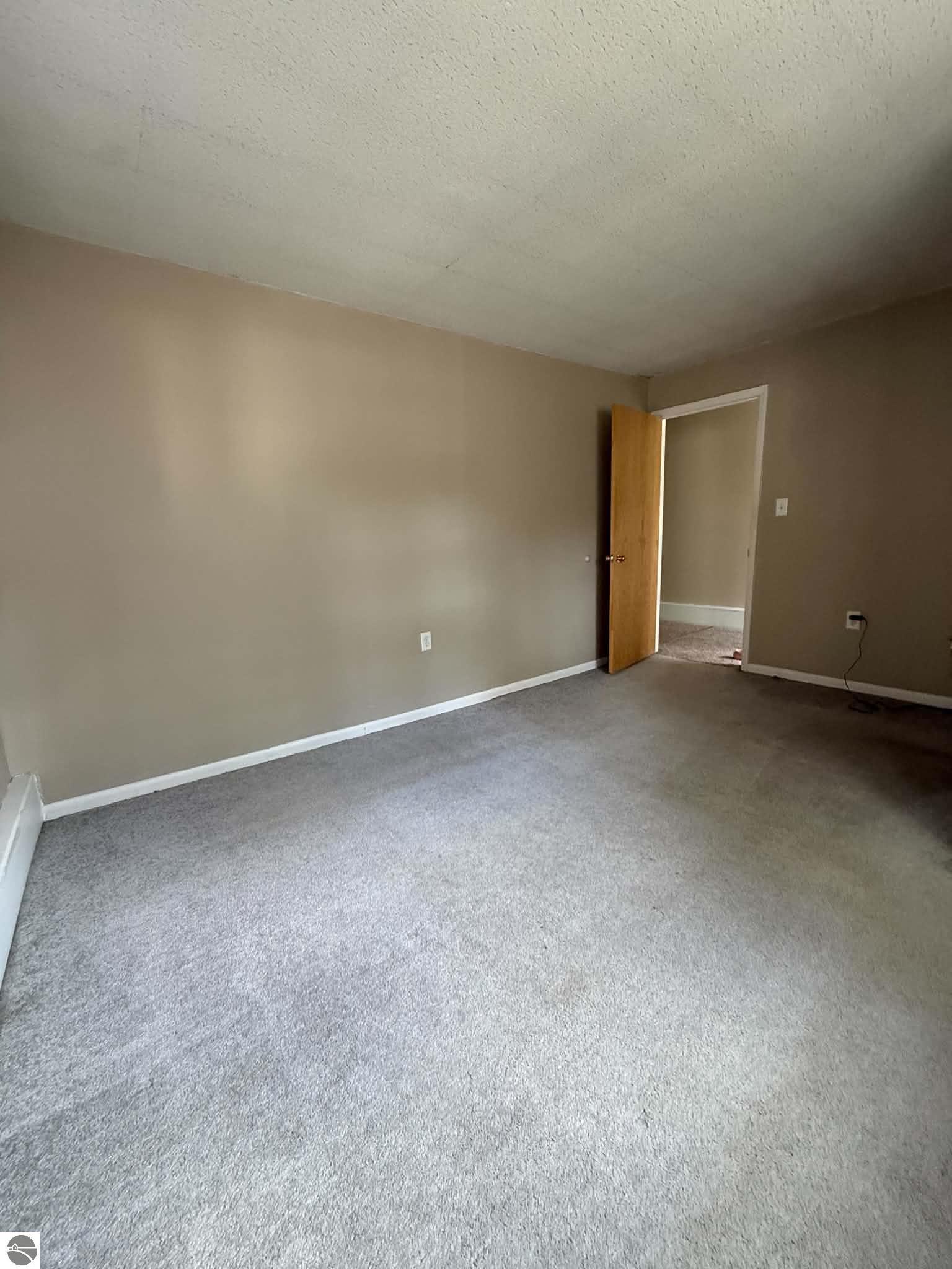 Empty carpeted room with beige walls and an open wooden door.