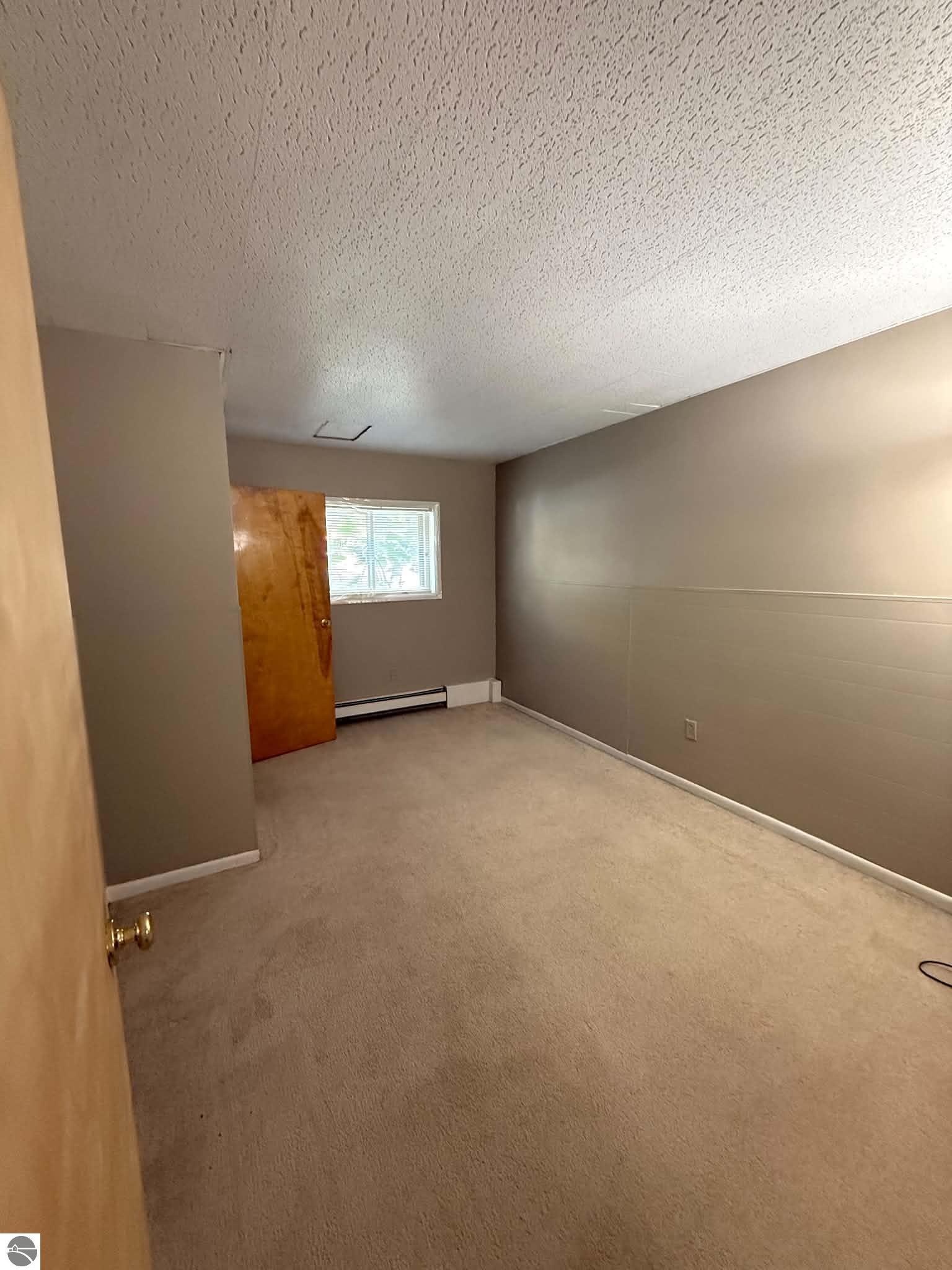 Empty carpeted room with taupe walls, a small window, and a baseboard heater.