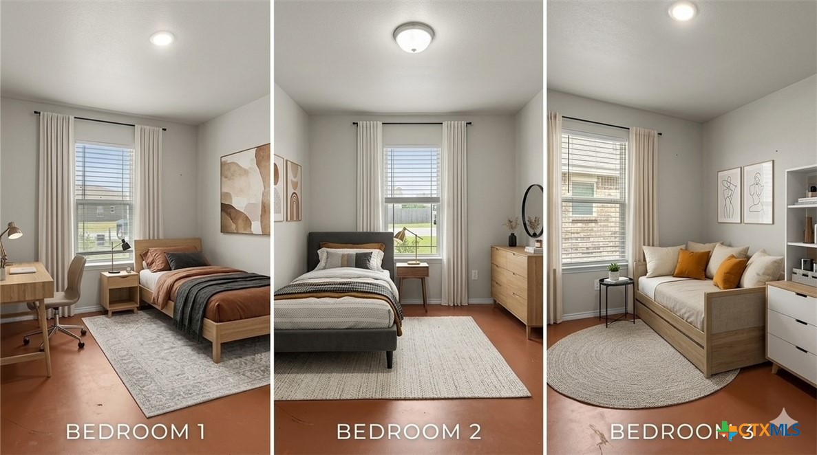 Three staged bedrooms with large curtained windows, two beds, and a daybed with mustard pillows.