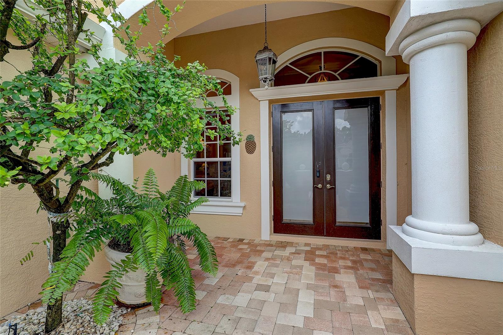 Covered home entrance with dark double doors, white columns, and tropical plants.