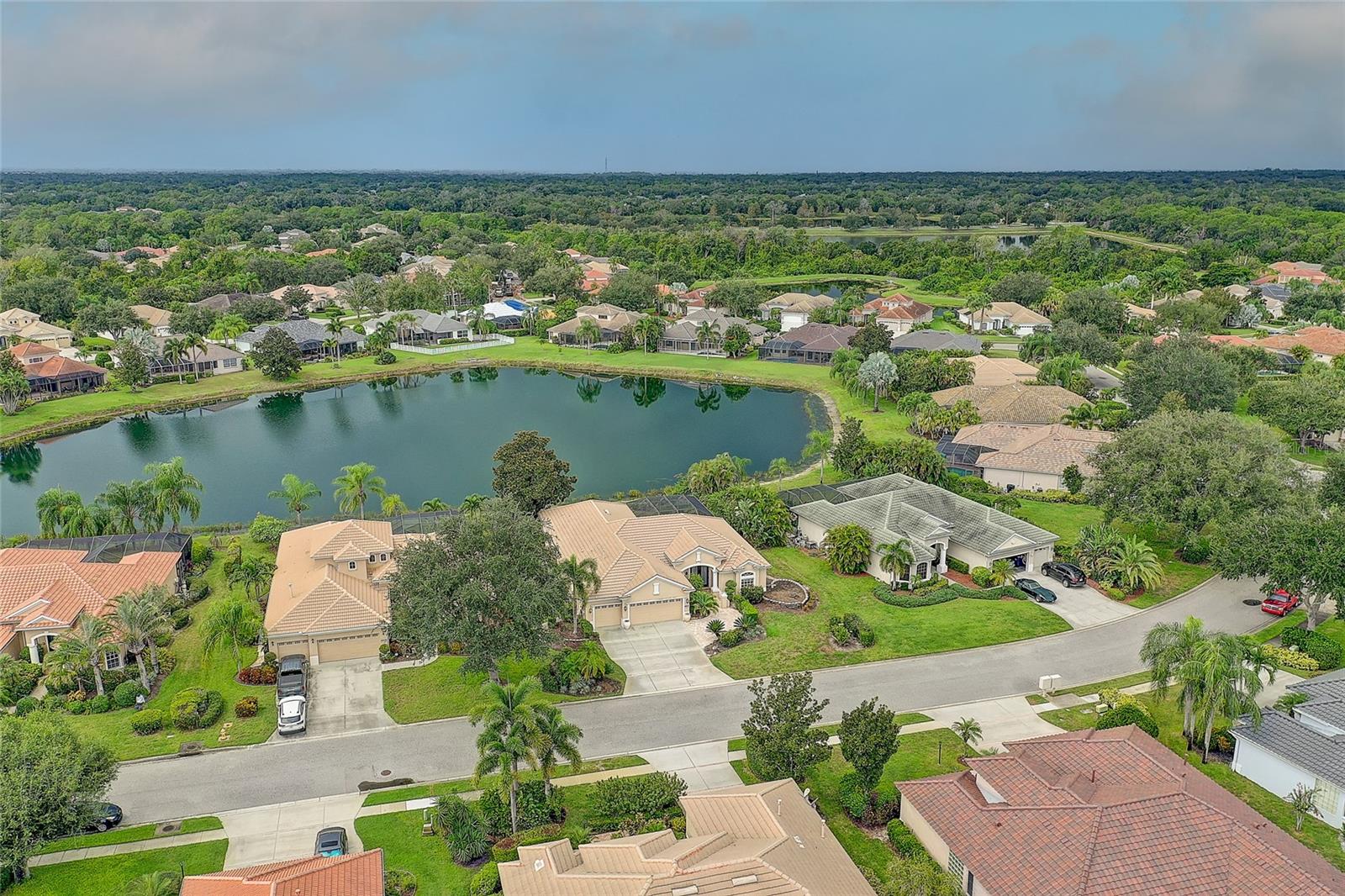 Aerial view of a tan-roofed home near a neighborhood pond, surrounded by landscaped homes and palm trees.