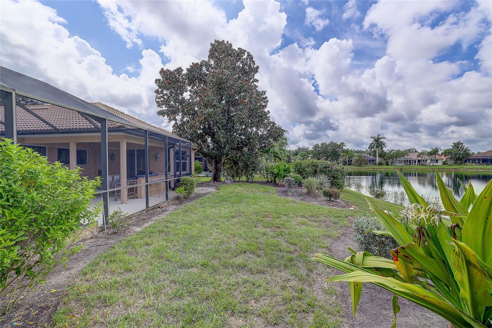 Landscaped backyard with a screened lanai, large tree, and lake view.