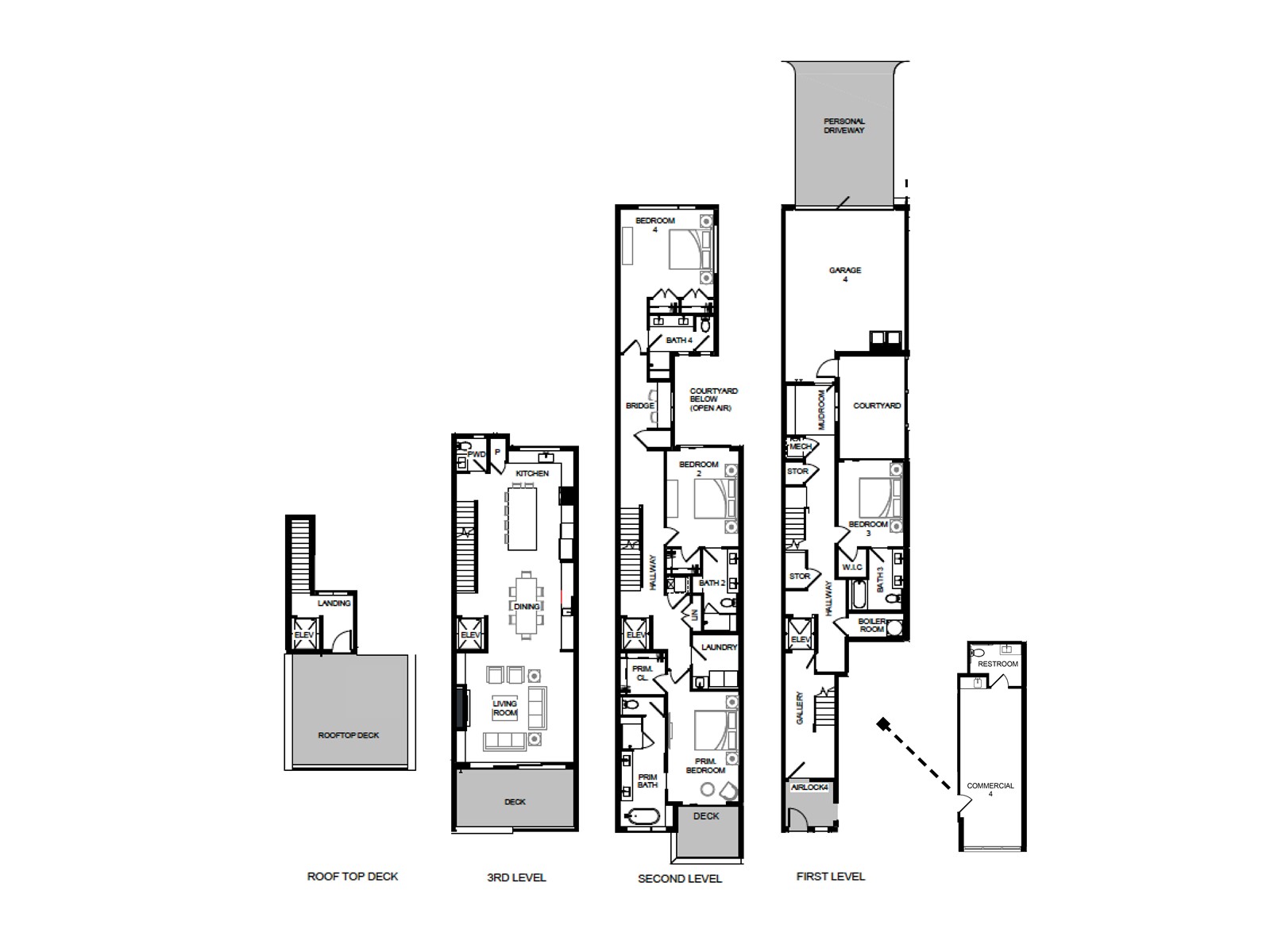 Floor plans for the rooftop deck and first through third levels of 1010 Yampa Street R4.