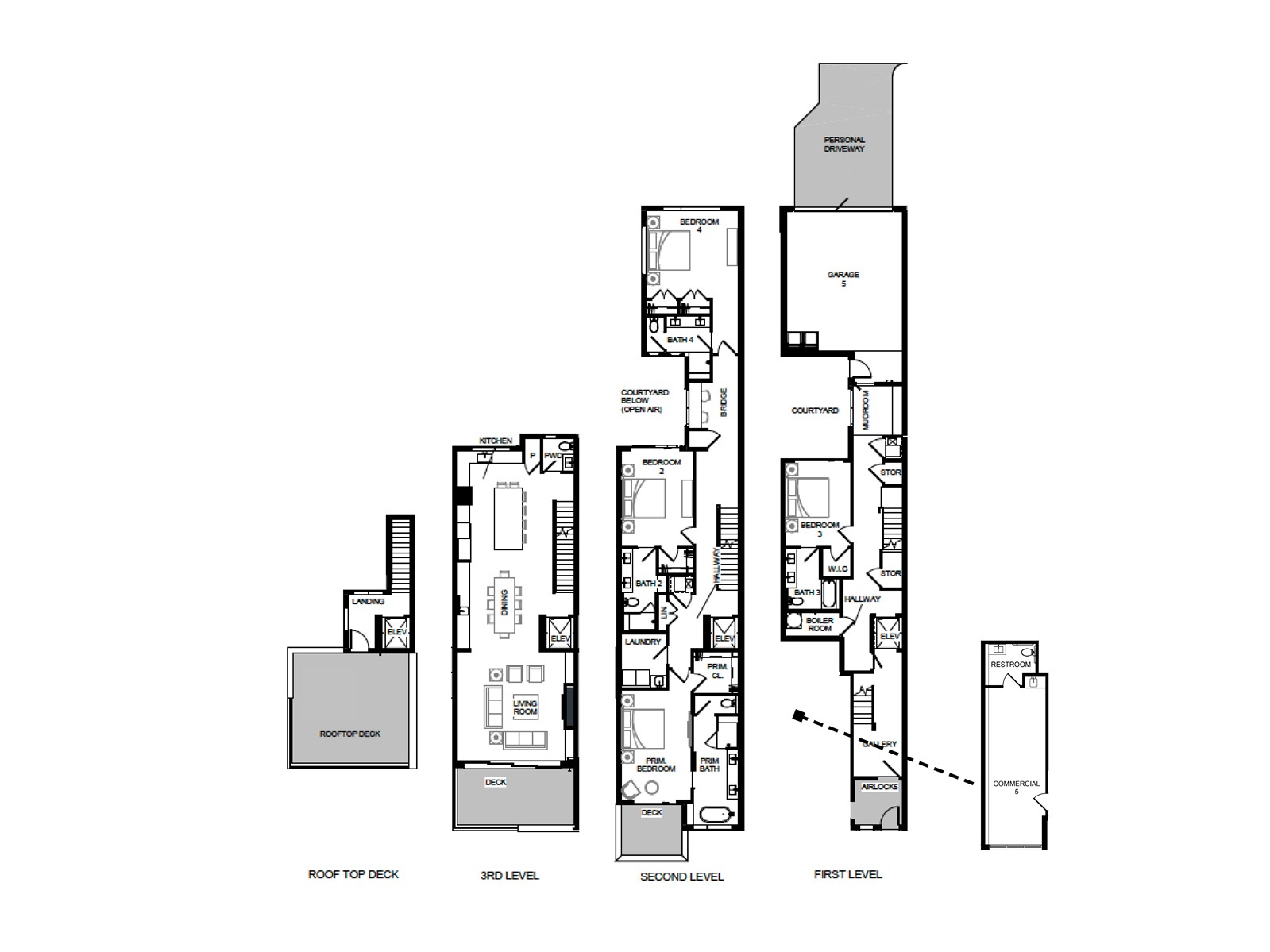 Multi-level floor plan showing bedrooms, garage, courtyard, living and dining areas, commercial space, and rooftop deck.