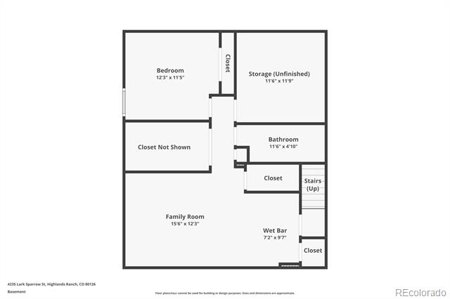 Basement floor plan showing bedroom, unfinished storage, bathroom, family room, wet bar, and stairs.