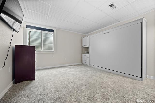 Carpeted bedroom with a built-in Murphy bed cabinet and a small window with blinds.