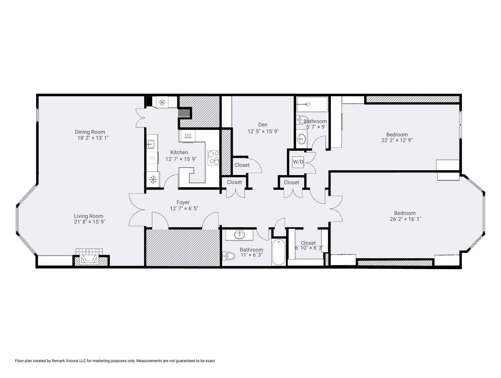 Floor plan showing two bedrooms, two bathrooms, a den, kitchen, dining room, and living room.
