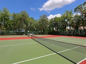 Outdoor tennis court with a green surface, red perimeter, and trees beyond the fence.