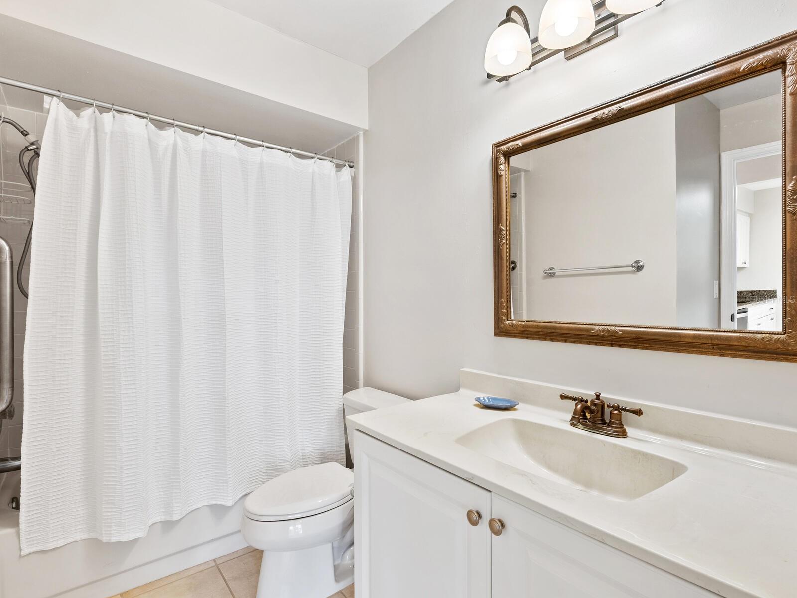 Bathroom with a white vanity, ornate framed mirror, toilet, and white shower curtain.