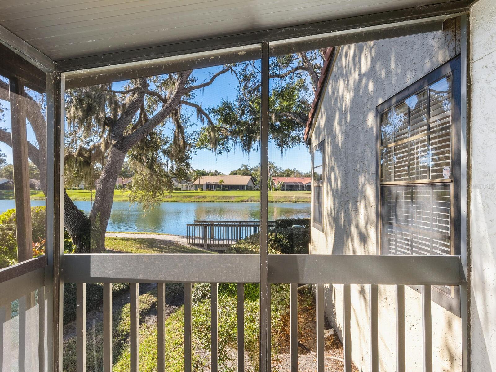 Screened porch overlooking a pond, with a large oak tree and neighboring homes.