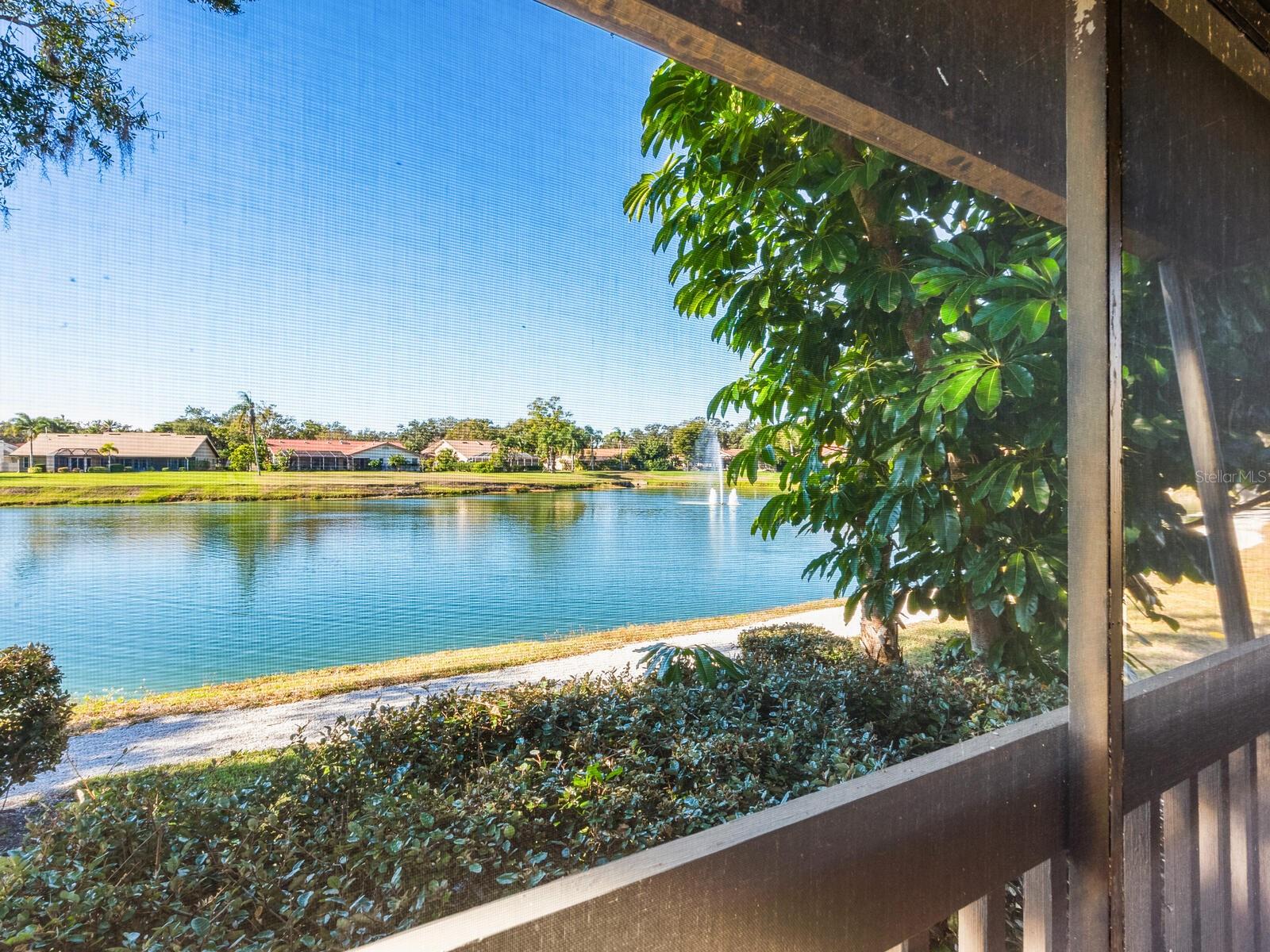 Pond and fountain viewed through a screened porch, with homes across the water.