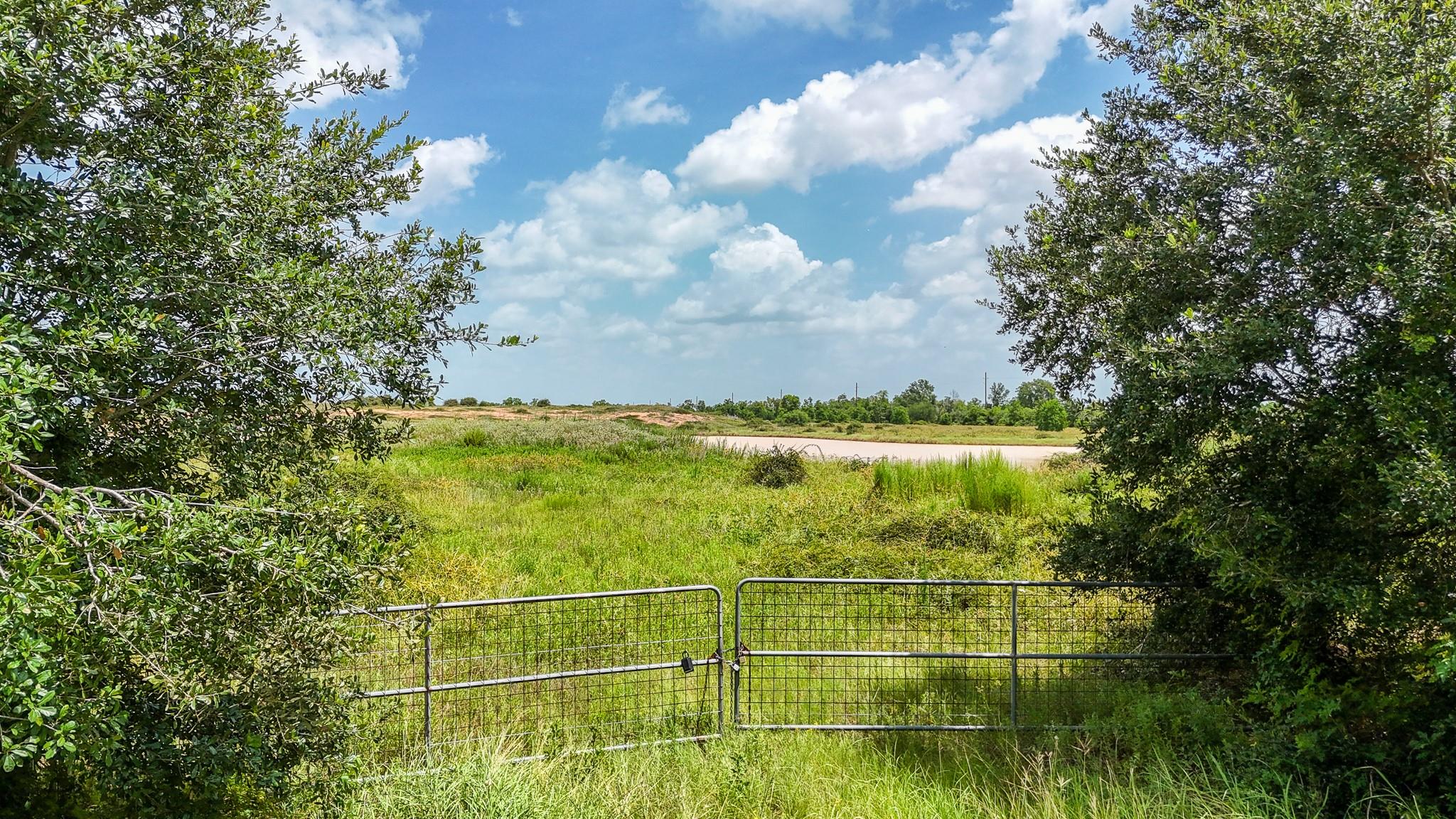 Grassy property framed by trees, with a metal gate and a pond beyond.