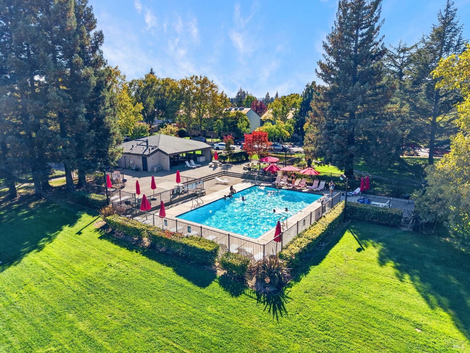 Fenced swimming pool with red umbrellas, lounge chairs, and mature trees.