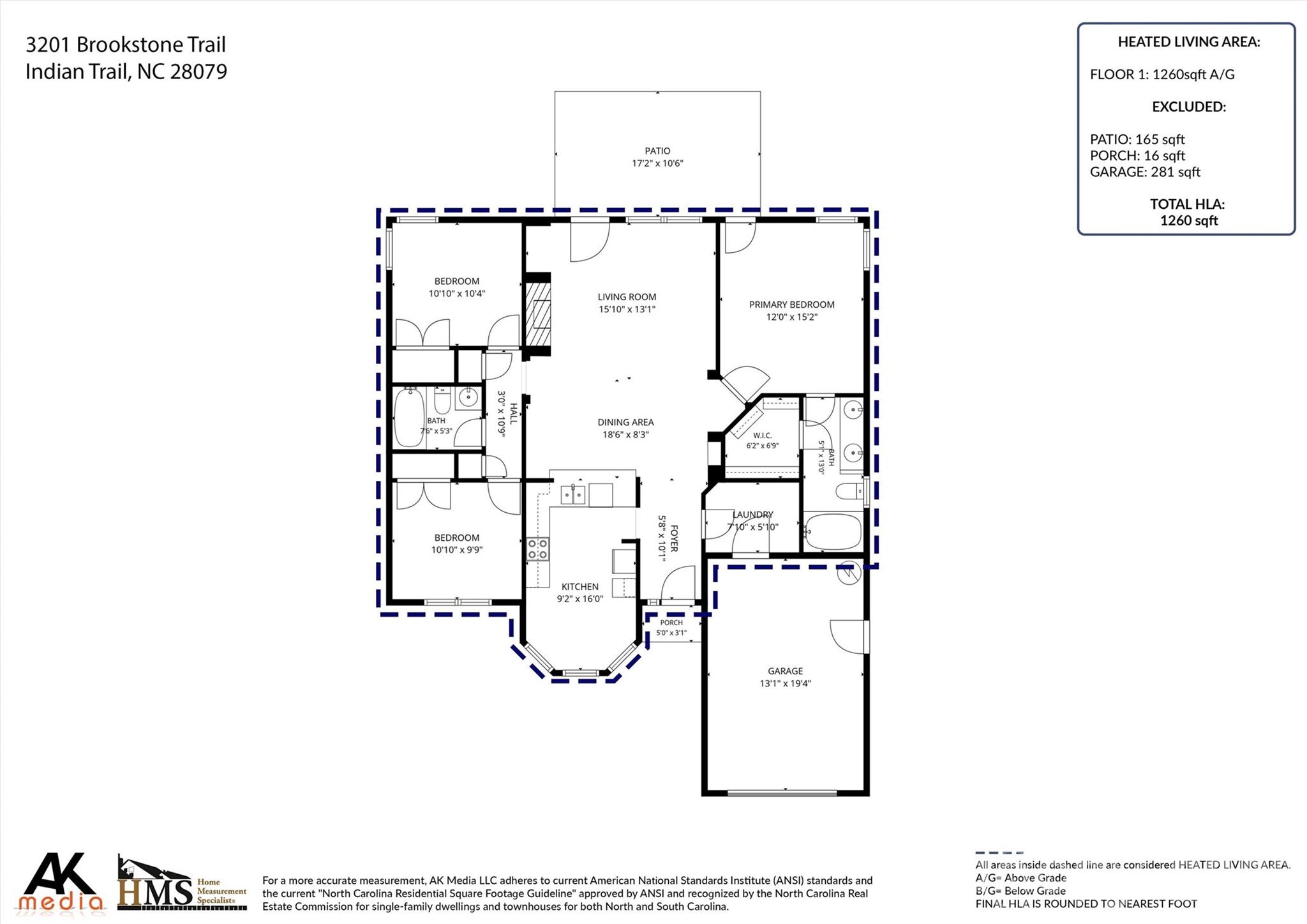 First-floor plan of 3201 Brookstone Trail, showing three bedrooms, two baths, kitchen, living areas, patio, and garage.