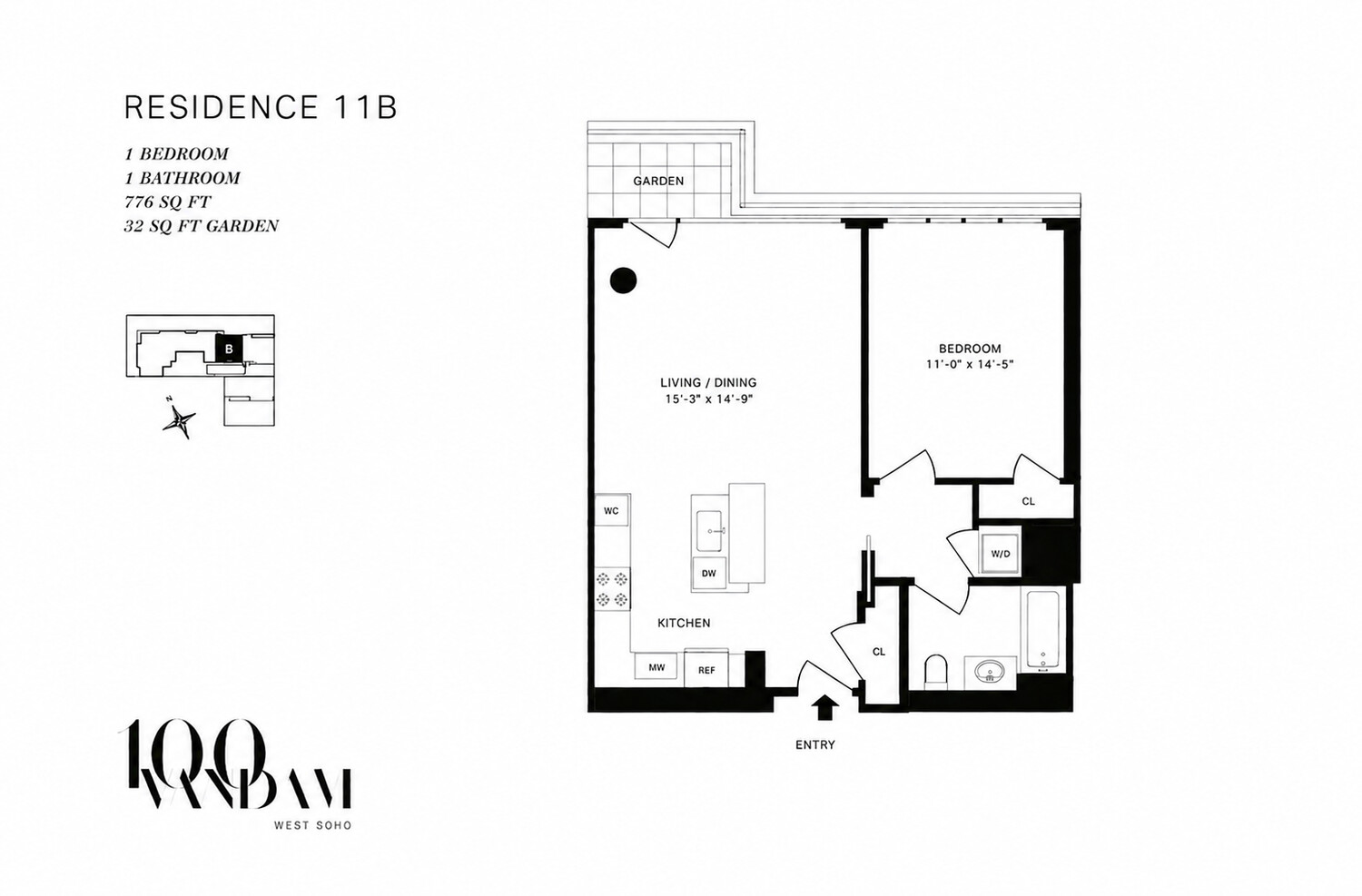 Floor plan for Residence 11B at 100 Vandam, showing one bedroom, living and dining area, kitchen, and garden.