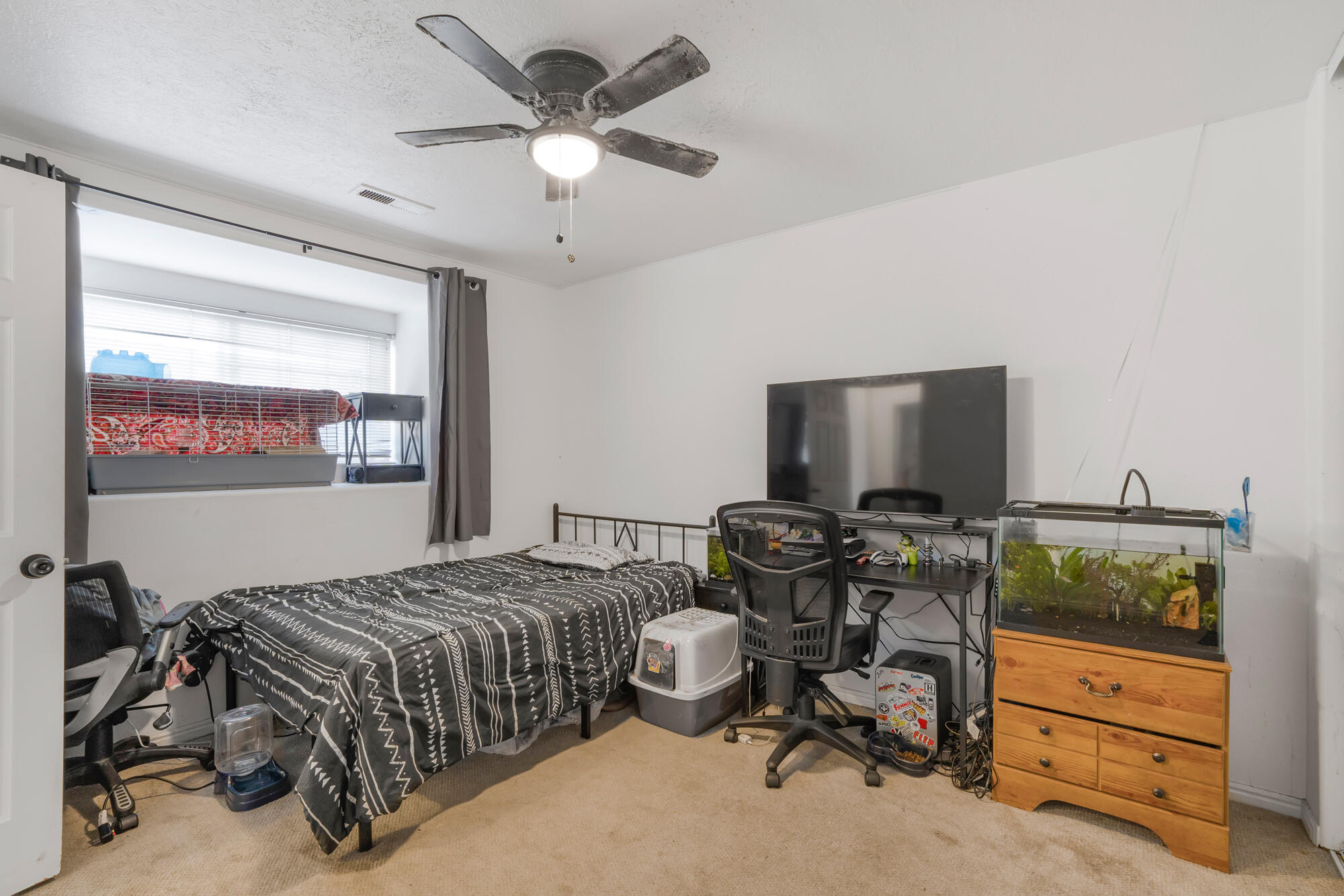 Furnished bedroom with a patterned bed, desk, television, aquarium, and animal cage by the window.