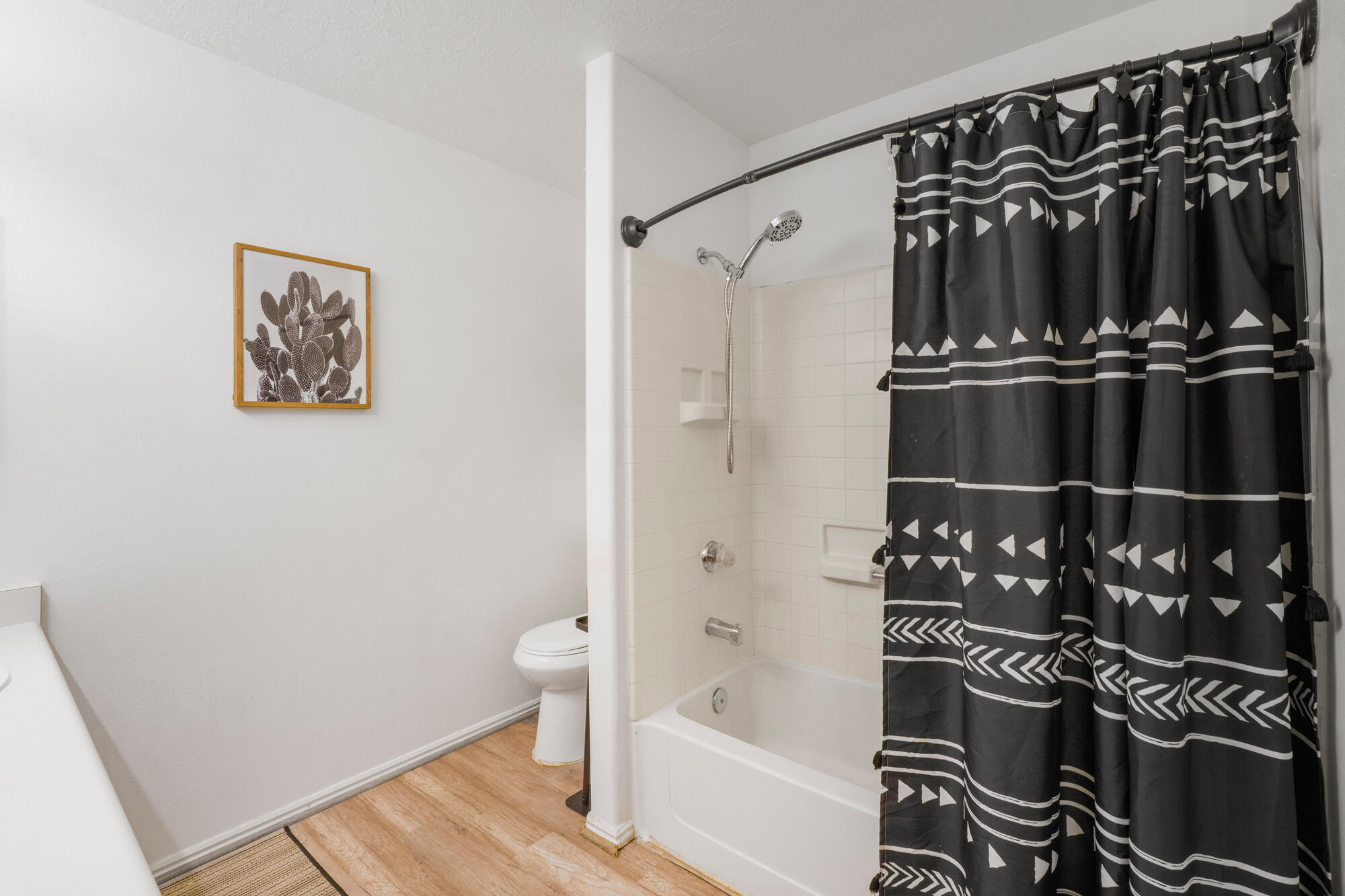 Bathroom with a tiled tub and shower, geometric black curtain, and framed cactus print.