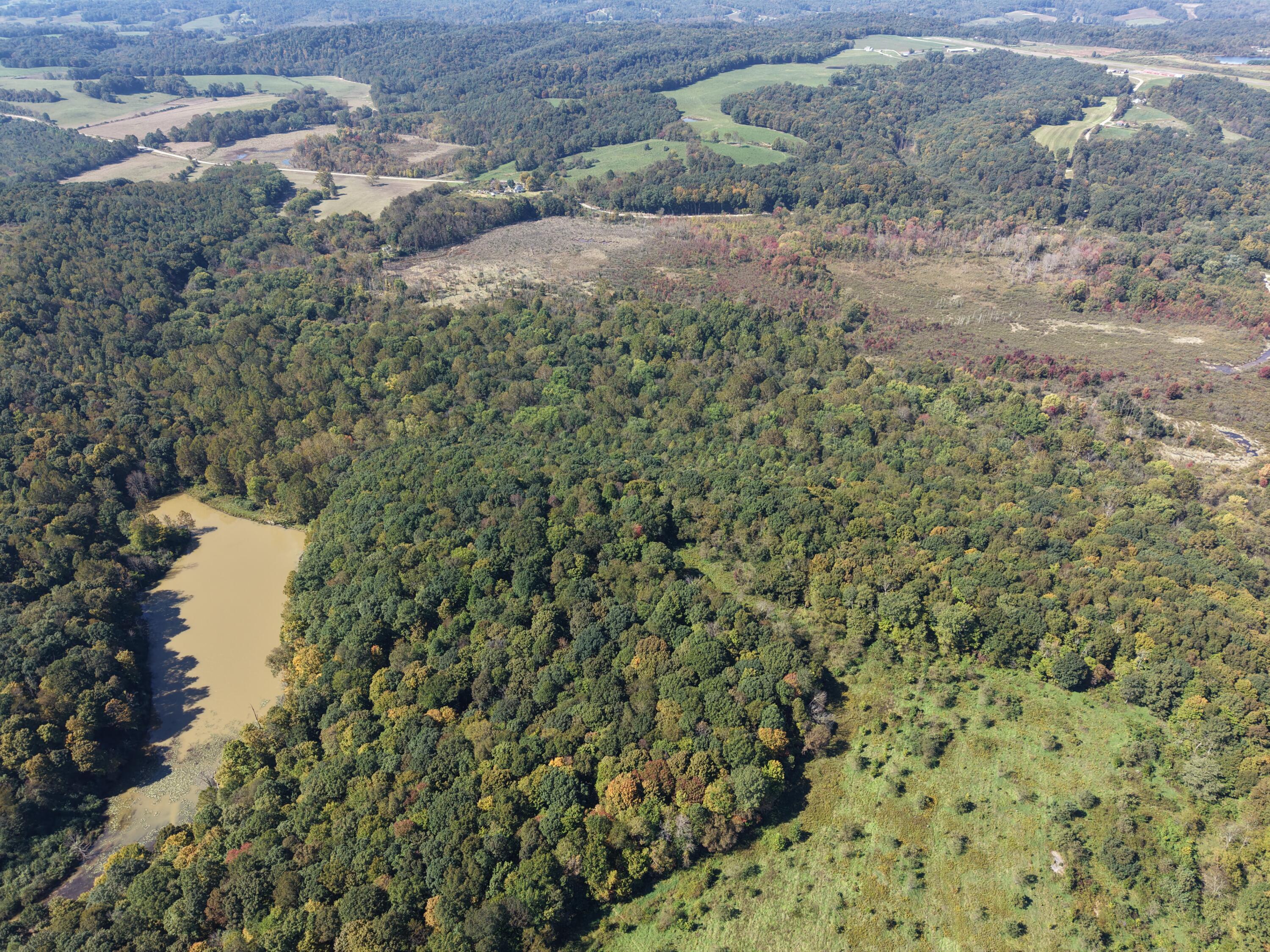 Aerial view of wooded land with a muddy pond, open fields, and autumn foliage.